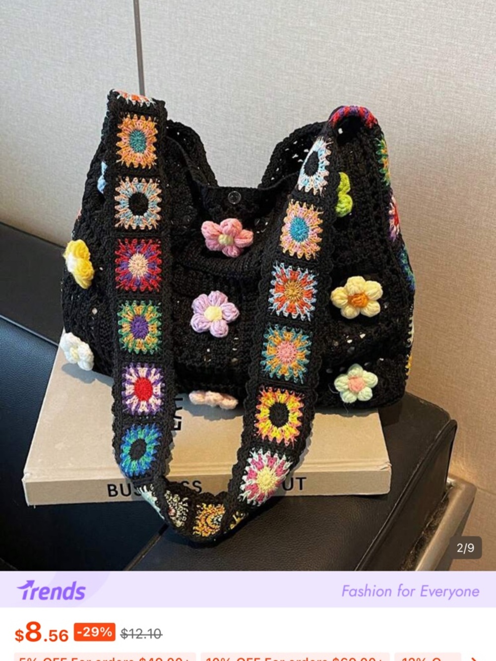 Black Crochet Floral Tote Bag with Multicolor Accents - Picture 4 of 5